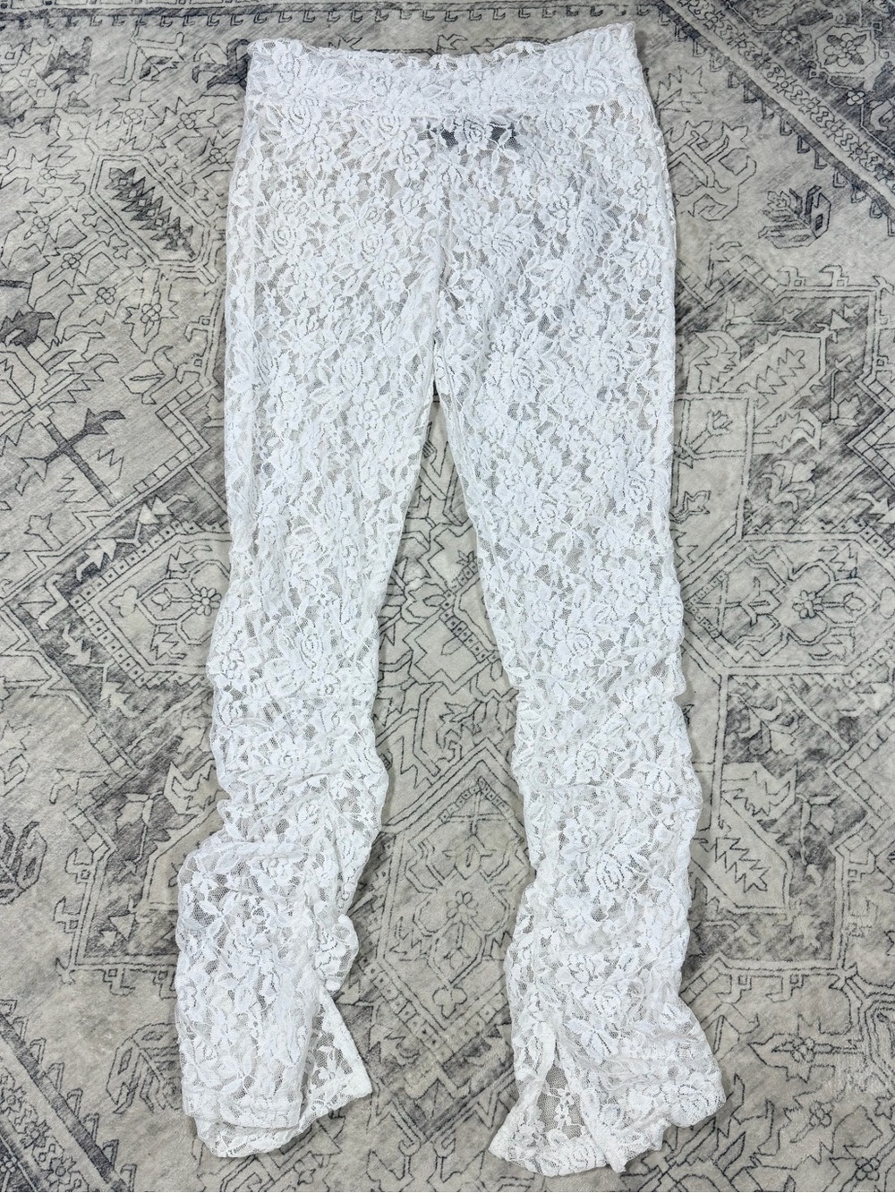 Rouge Collection White Ruched Lace Flare Pants 2X Sheer Beach Cover Up Boho - Picture 2 of 14
